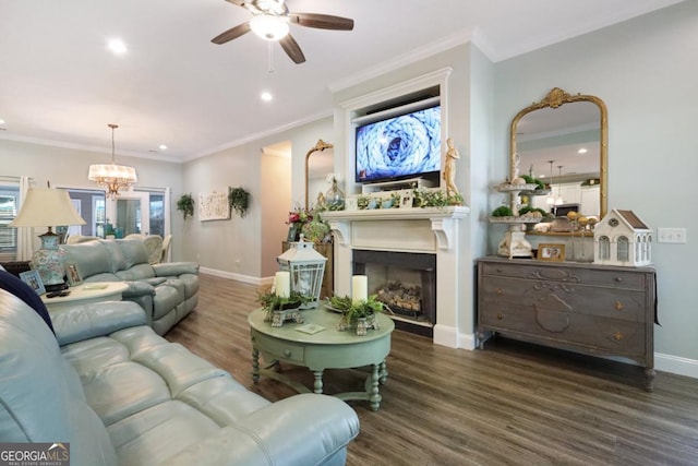 156 Hannah Dr, Jesup, GA 31546 - living room with wood finished floors, ceiling fan, a fireplace, recessed lighting, and a chandelier