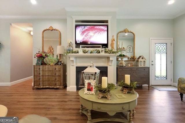 156 Hannah Dr, Jesup, GA 31546 - living area with wood finished floors, crown molding, recessed lighting, and a fireplace