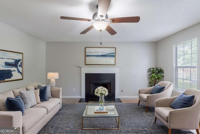 3075 Oakvale Hts, Decatur, GA 30034 - living room with ceiling fan, a fireplace with flush hearth, and baseboards