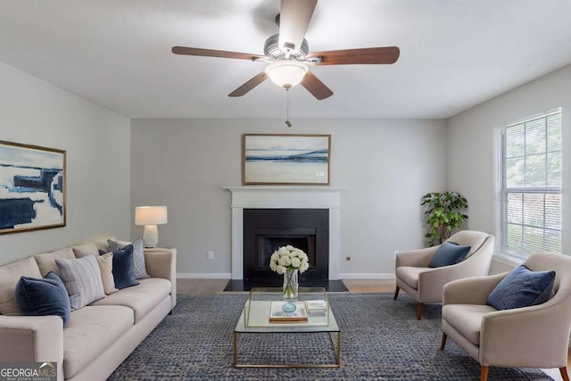3075 Oakvale Hts, Decatur, GA 30034 - living area featuring a ceiling fan and a fireplace with flush hearth