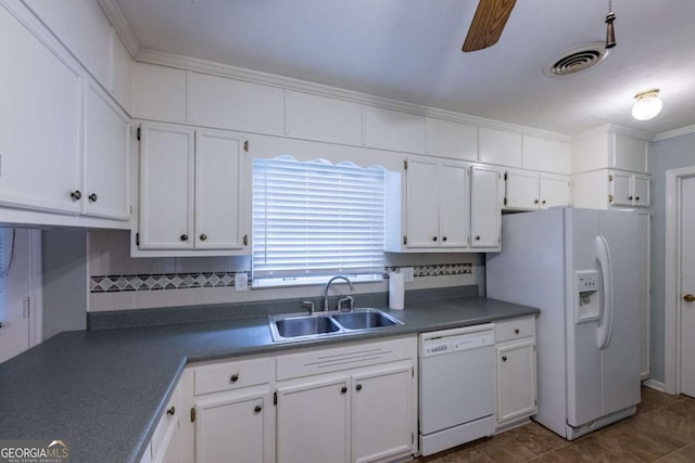 675 Mountain View Dr, Thomaston, GA 30286 - kitchen with white appliances, white cabinetry, a ceiling fan, decorative backsplash, and dark countertops
