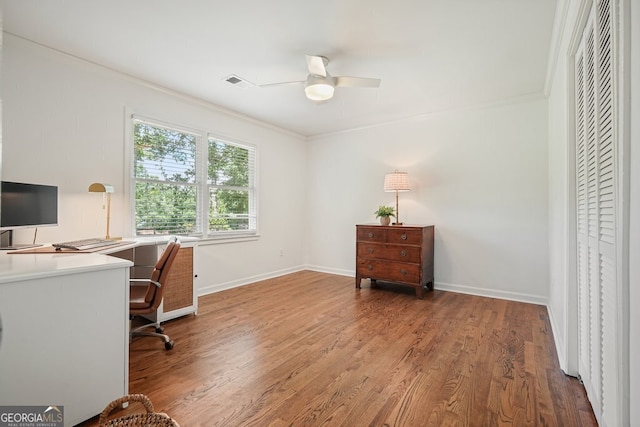 10310 Amberside Ct, Roswell, GA 30076 - office featuring crown molding, wood finished floors, ceiling fan, and baseboards