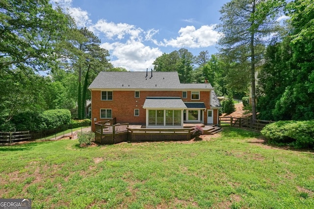 10310 Amberside Ct, Roswell, GA 30076 - rear view of property with a deck, a chimney, and brick siding