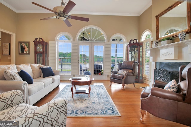 150 Bay Dr, Newnan, GA 30263 - living area featuring plenty of natural light, ceiling fan, wood finished floors, ornamental molding, and a high ceiling