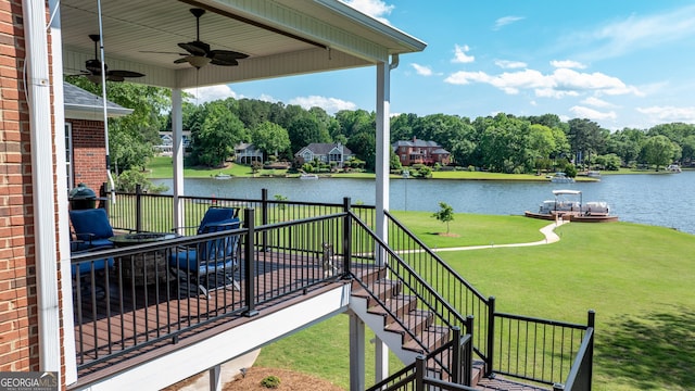 150 Bay Dr, Newnan, GA 30263 - view of patio featuring a water view, ceiling fan, stairs, and view of scattered trees