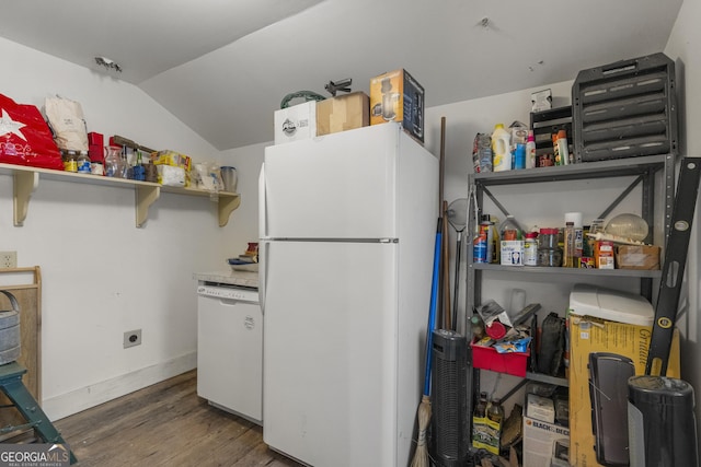 171 N Jefferson Ave, Talbotton, GA 31827 - kitchen with white appliances, open shelves, wood finished floors, and lofted ceiling