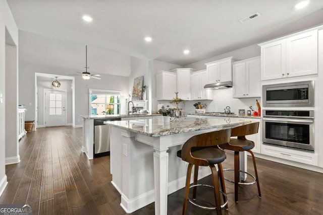75 Georgian Oaks Ct, Newnan, GA 30265 - kitchen with appliances with stainless steel finishes, a peninsula, white cabinets, light stone countertops, and dark wood-style floors