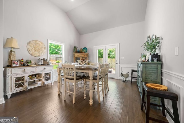 75 Georgian Oaks Ct, Newnan, GA 30265 - dining room with high vaulted ceiling, healthy amount of natural light, a wainscoted wall, and dark wood-style flooring