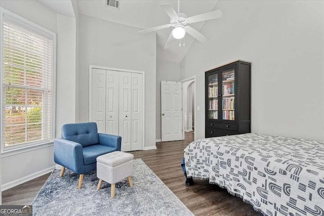 613 Wiley Ct, Canton, GA 30115 - bedroom with multiple windows, dark wood-type flooring, a closet, and high vaulted ceiling