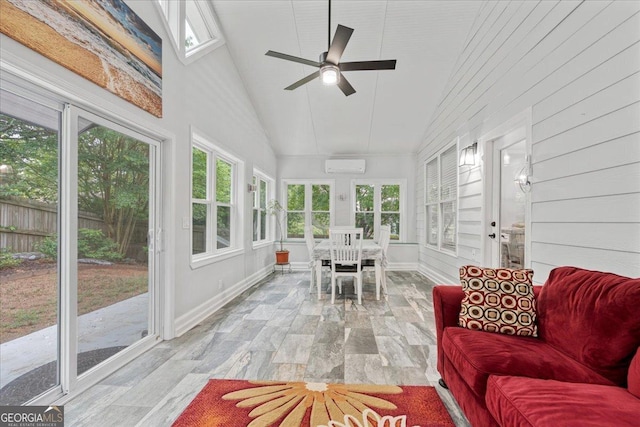 613 Wiley Ct, Canton, GA 30115 - sunroom / solarium with a wall mounted air conditioner, high vaulted ceiling, wood finished floors, and wooden walls