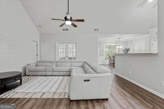 613 Wiley Ct, Canton, GA 30115 - living area featuring a ceiling fan, wood finished floors, a chandelier, high vaulted ceiling, and french doors