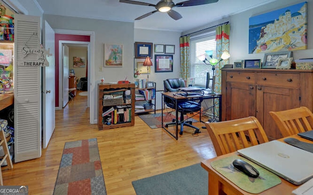 home office with ceiling fan and light wood-type flooring