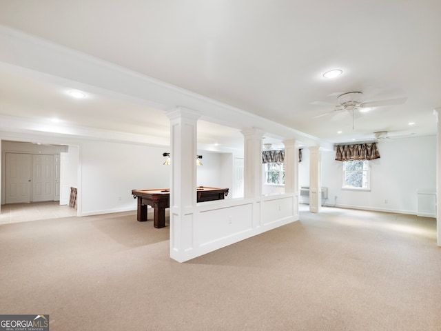 2910 Waverly Place Dr, Dacula, GA 30019 - below grade area with light colored carpet, pool table, a ceiling fan, recessed lighting, and baseboards