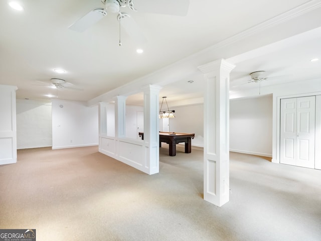 2910 Waverly Place Dr, Dacula, GA 30019 - below grade area featuring ceiling fan, light carpet, pool table, baseboards, and recessed lighting