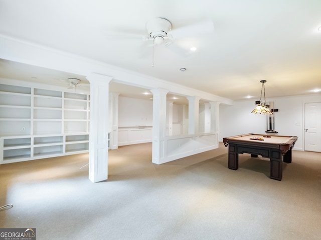 2910 Waverly Place Dr, Dacula, GA 30019 - game room featuring carpet, ceiling fan, ornate columns, and billiards