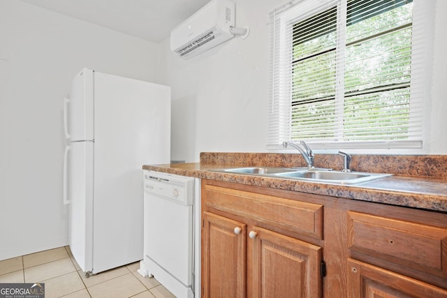 210 Estoria St SE, Atlanta, GA 30316 - kitchen featuring white appliances, a wall unit AC, healthy amount of natural light, and light tile patterned floors