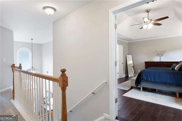 101 Misty Valley Dr, Canton, GA 30114 - corridor with an upstairs landing, baseboards, wood finished floors, and crown molding