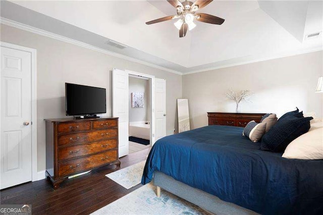 101 Misty Valley Dr, Canton, GA 30114 - bedroom featuring hardwood / wood-style floors, crown molding, baseboards, ceiling fan, and ensuite bath