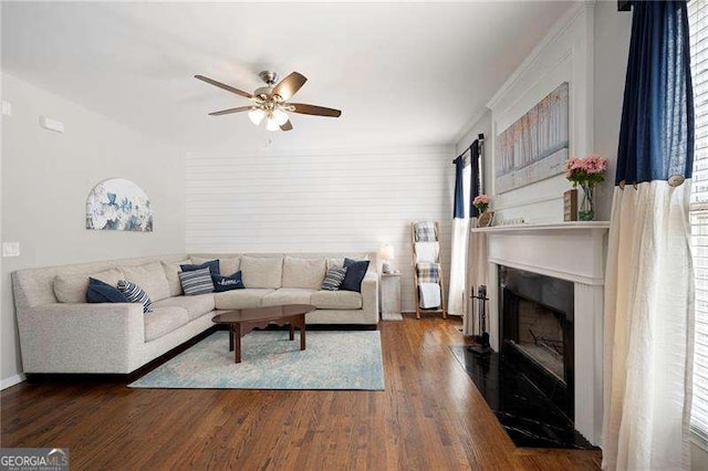 101 Misty Valley Dr, Canton, GA 30114 - living area featuring a ceiling fan, a fireplace with flush hearth, and wood finished floors
