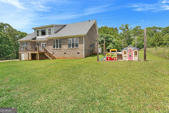 85 Majestic Shores Trl, Hartwell, GA 30643 - back of property featuring crawl space, stairs, a yard, a deck, and brick siding
