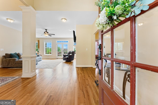 85 Majestic Shores Trl, Hartwell, GA 30643 - entryway featuring ornate columns, light wood-style flooring, a ceiling fan, and baseboards