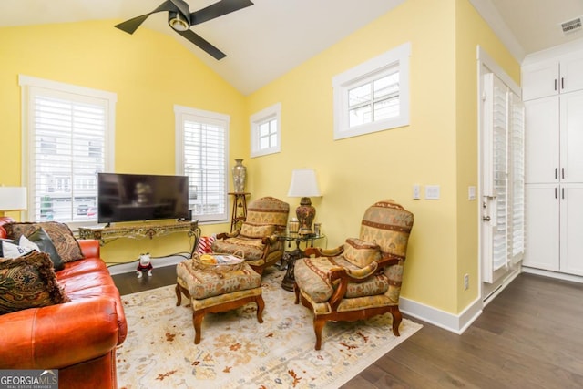 963 S On Main Dr, Woodstock, GA 30188 - living room featuring a ceiling fan, dark wood-style floors, vaulted ceiling, and baseboards