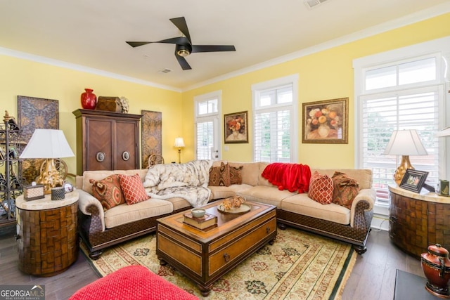 963 S On Main Dr, Woodstock, GA 30188 - living room featuring wood finished floors, ornamental molding, and ceiling fan