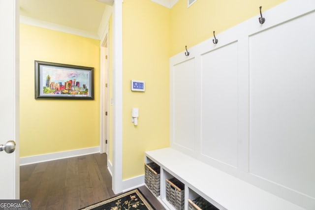 963 S On Main Dr, Woodstock, GA 30188 - mudroom featuring dark wood-type flooring and baseboards
