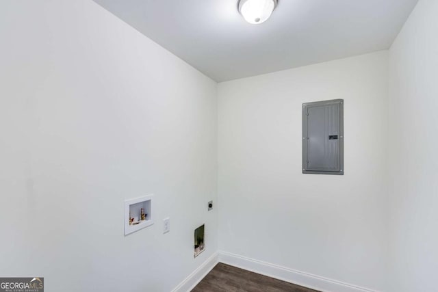 541 Day Star Ln, Mount Airy, GA 30563 - washroom with electric panel, electric dryer hookup, dark wood finished floors, baseboards, and washer hookup