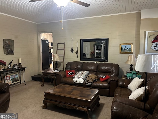 194 Lower Brookfield Rd, Tifton, GA 31794 - living room featuring crown molding, carpet, and a ceiling fan