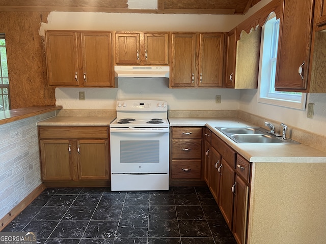 kitchen featuring electric stove, under cabinet range hood, a sink, and plenty of natural light