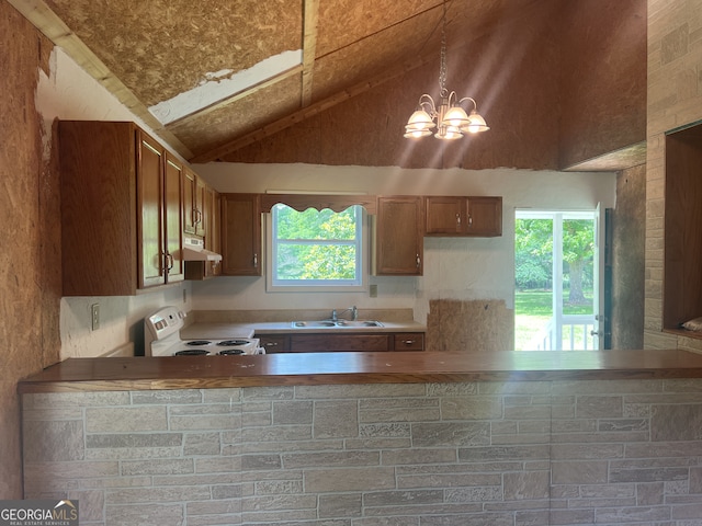 kitchen featuring white range with electric cooktop, a sink, plenty of natural light, a chandelier, and high vaulted ceiling
