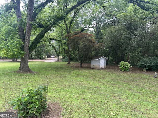 view of green lawn with a shed and an outdoor structure