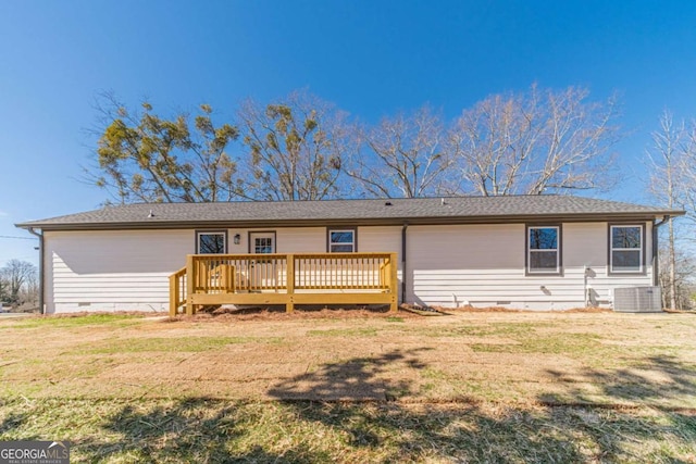 2741 Pierce Rd, Gainesville, GA 30507 - back of property featuring crawl space, central air condition unit, a wooden deck, and a yard