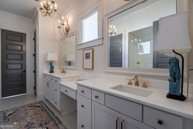 2970 Greenleffe Dr, Statham, GA 30666 - full bathroom with a chandelier, ornamental molding, vanity, and tiled shower