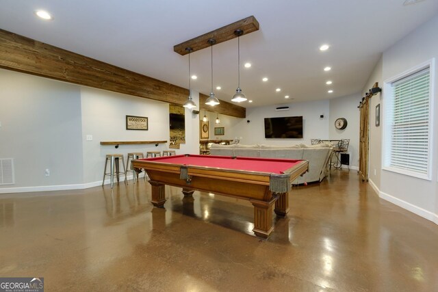 recreation room featuring finished concrete floors, recessed lighting, baseboards, and billiards