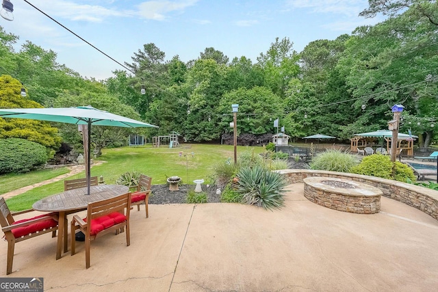 4135 Creekwood Dr, Cumming, GA 30041 - view of patio / terrace with a gazebo, an outdoor fire pit, and outdoor dining area