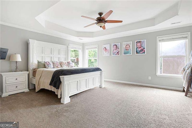 40 Boulder Ct, Dallas, GA 30132 - carpeted bedroom with a tray ceiling, crown molding, ceiling fan, and baseboards