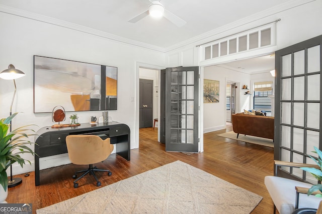 1231 Mansfield Ave NE, Atlanta, GA 30307 - office with ornamental molding, wood finished floors, and a ceiling fan