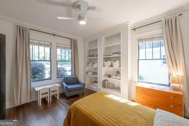 1231 Mansfield Ave NE, Atlanta, GA 30307 - bedroom featuring dark wood finished floors, multiple windows, crown molding, baseboards, and a ceiling fan