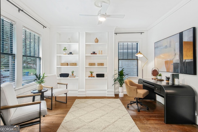 1231 Mansfield Ave NE, Atlanta, GA 30307 - office space featuring ornamental molding, a ceiling fan, built in features, and wood finished floors