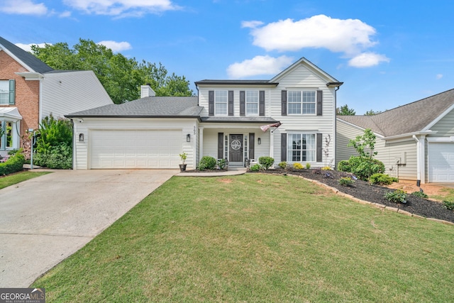 565 Barsham Way, Johns Creek, GA 30097 - traditional-style home featuring a garage, driveway, a chimney, and a front yard