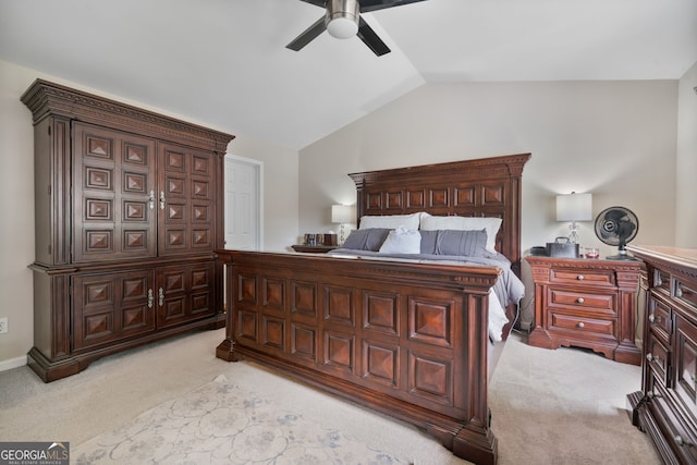 565 Barsham Way, Johns Creek, GA 30097 - bedroom featuring light colored carpet, lofted ceiling, and ceiling fan
