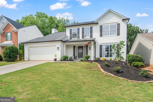 565 Barsham Way, Johns Creek, GA 30097 - traditional home featuring driveway, an attached garage, a chimney, and a front lawn