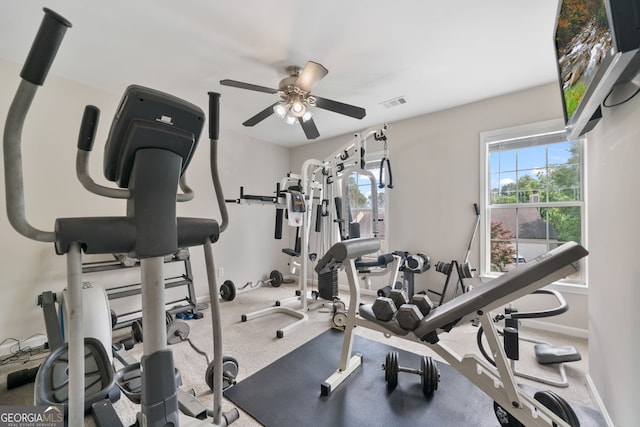 565 Barsham Way, Johns Creek, GA 30097 - exercise area with ceiling fan, healthy amount of natural light, and baseboards