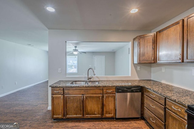 1808 Arkose Dr SE, Atlanta, GA 30316 - kitchen featuring dishwasher, a sink, ceiling fan, recessed lighting, and dark wood finished floors