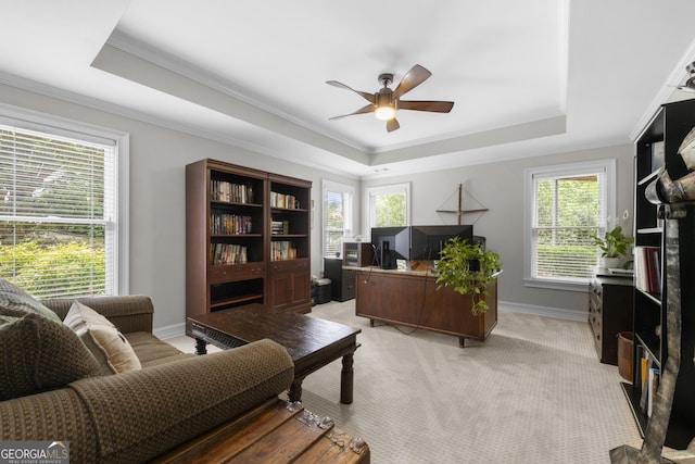 2743 Long Grove Dr, Marietta, GA 30062 - office space featuring a tray ceiling, ceiling fan, crown molding, light carpet, and baseboards