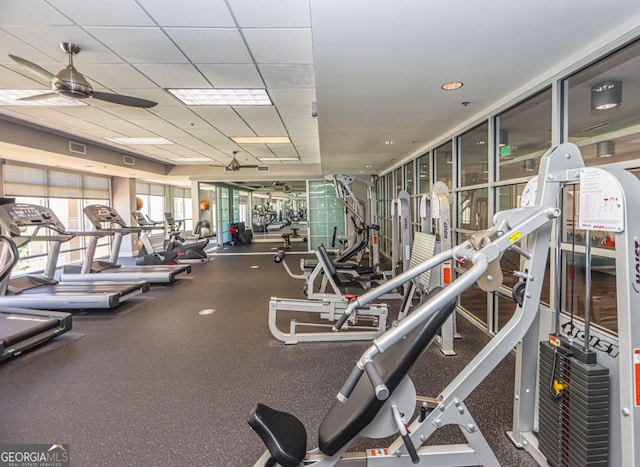 workout area featuring a ceiling fan