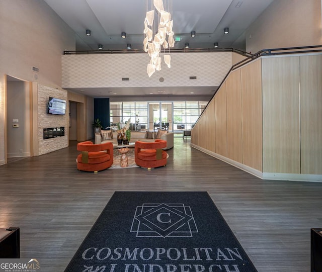 building lobby with a towering ceiling