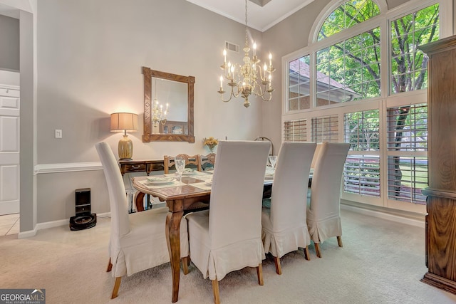 dining area featuring carpet, a chandelier, ornamental molding, baseboards, and a high ceiling